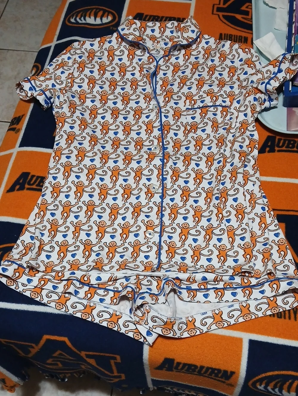 Roller Rabbit White Short Pajama Set with Orange Monkey Print and Blue Piping